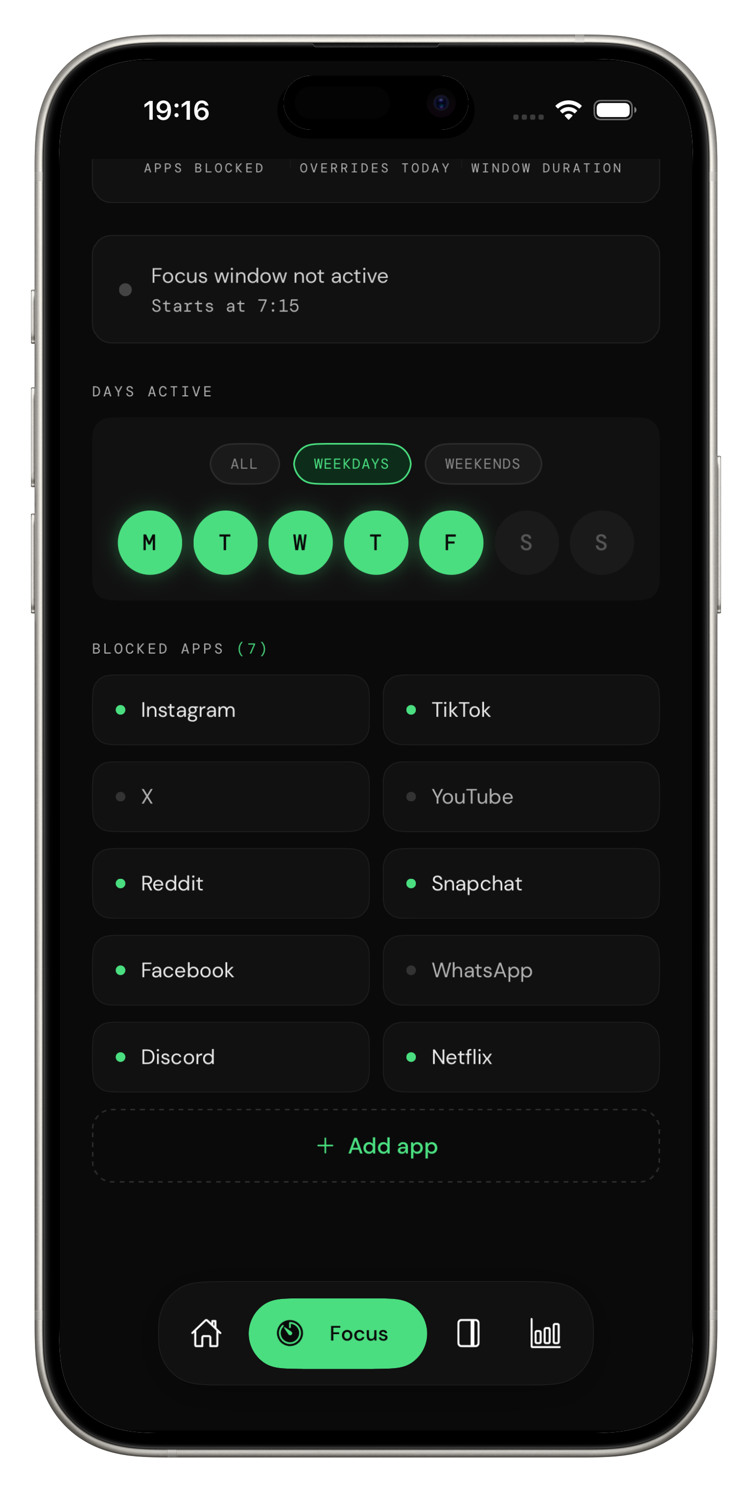 WinRate blocked apps list including Instagram, TikTok, Reddit, and Snapchat